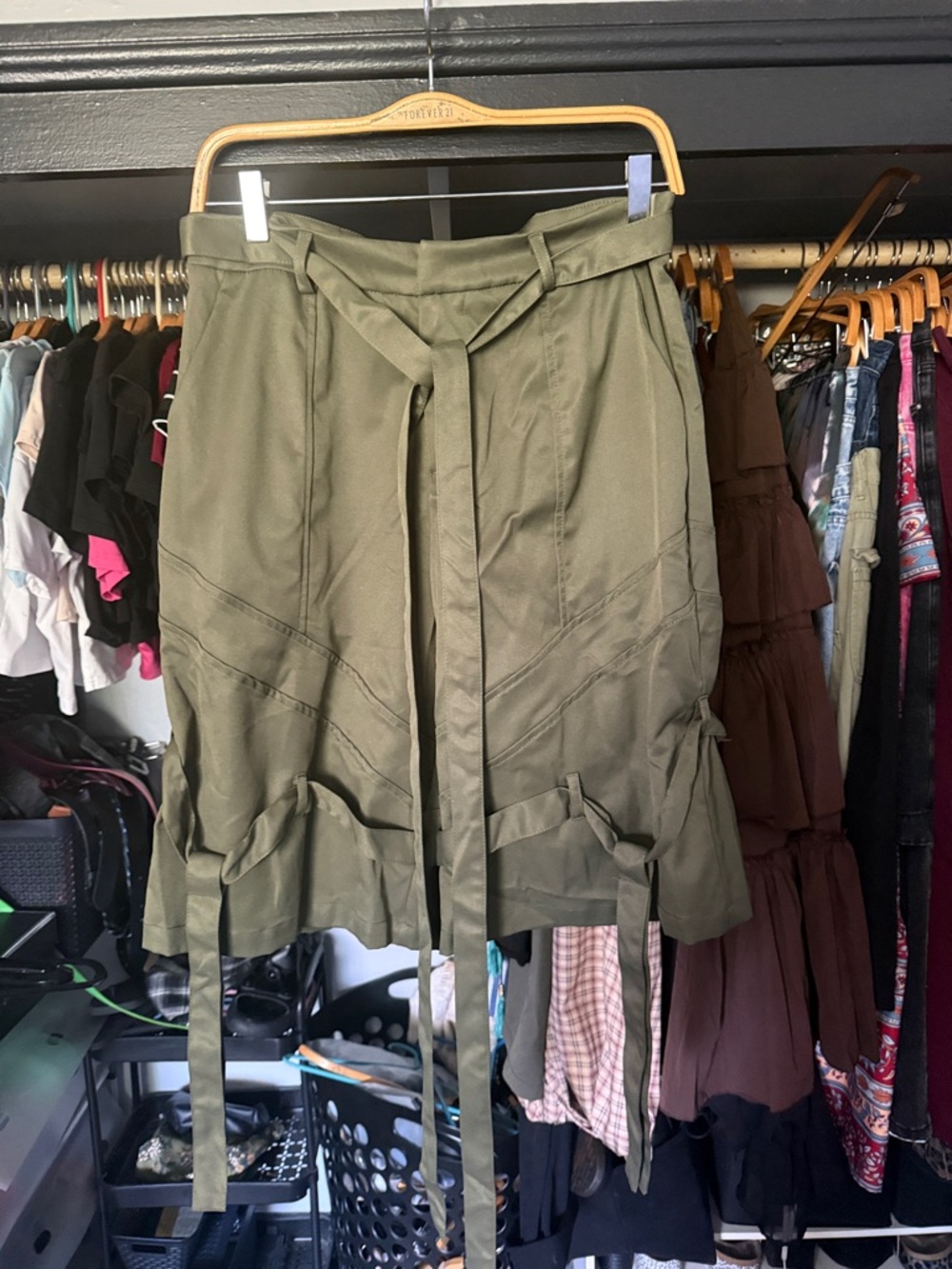 Olive Utility Shorts with Tie Details